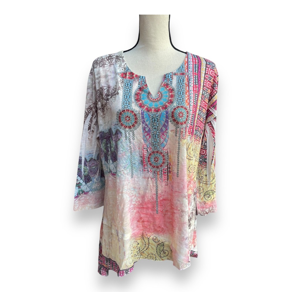 Jess & Jane Women's XL Tunic Top Mandala Print Rhinestone 3/4 Sleeve Pink USA